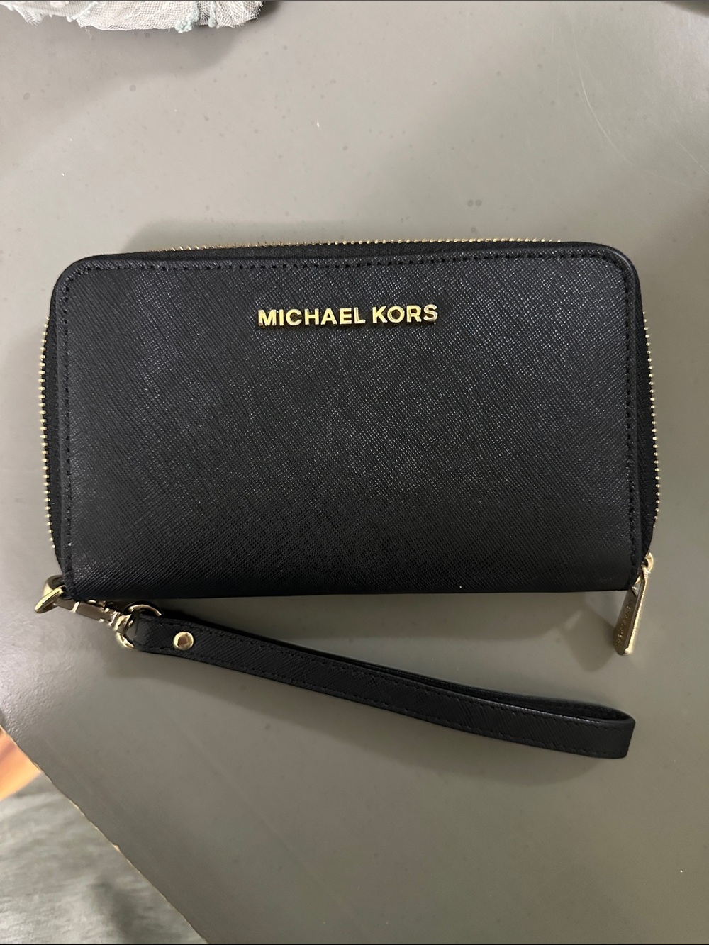 Michael Kors Black Leather Zip-Around Wristlet with Gold Hardware